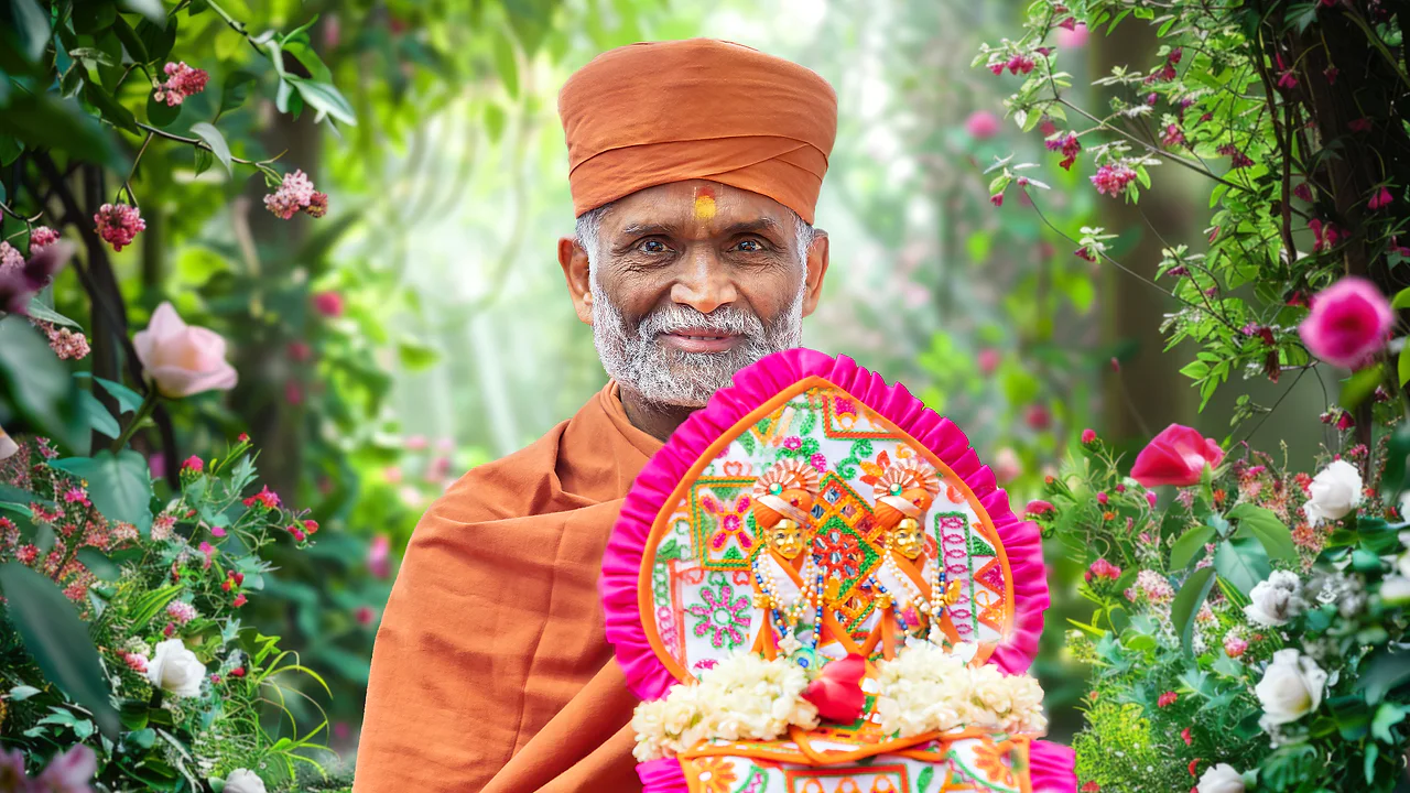 His Divine Holiness with sacred murtis in a garden
