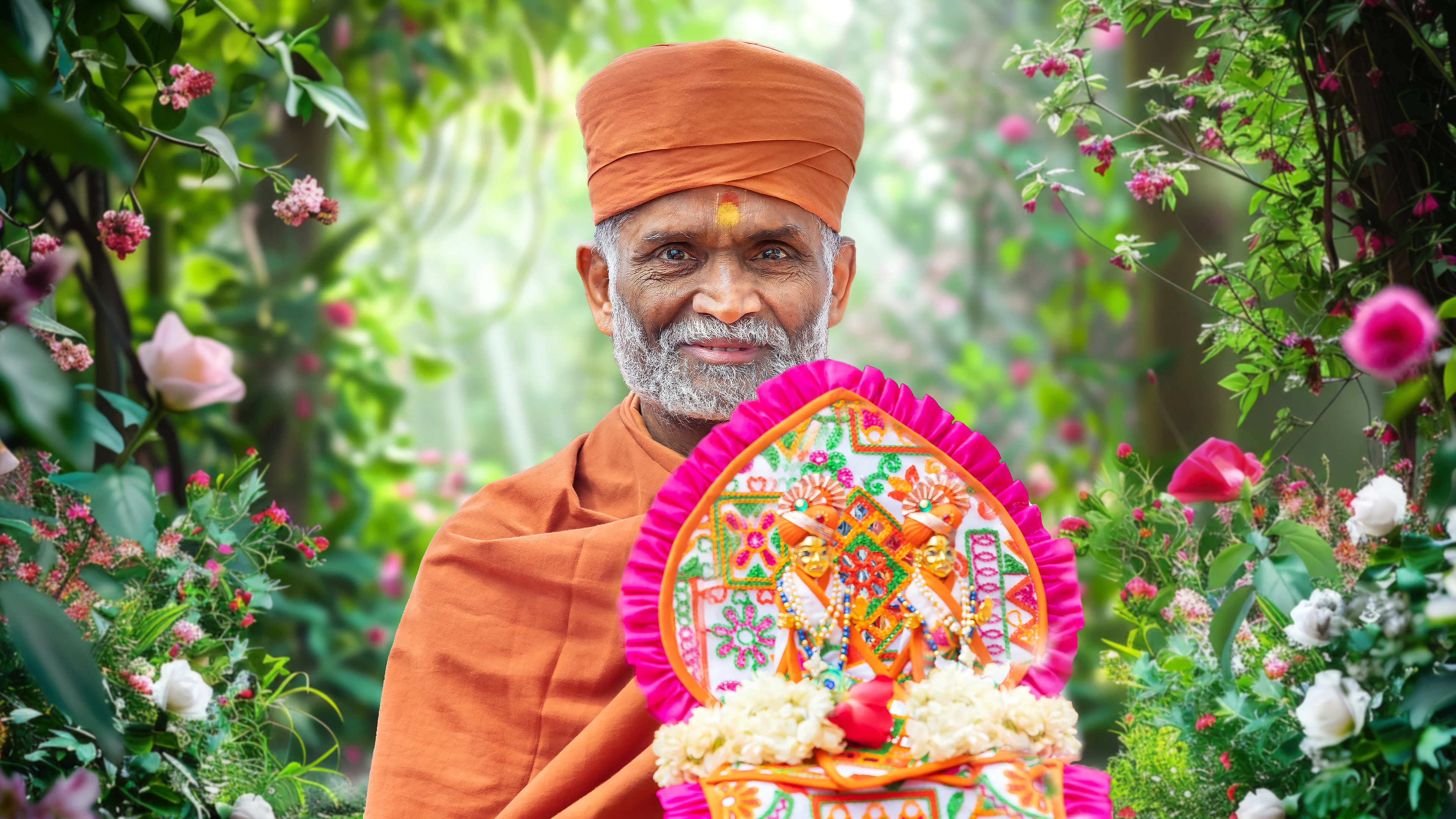 His Divine Holiness with sacred murtis, surrounded by flowers